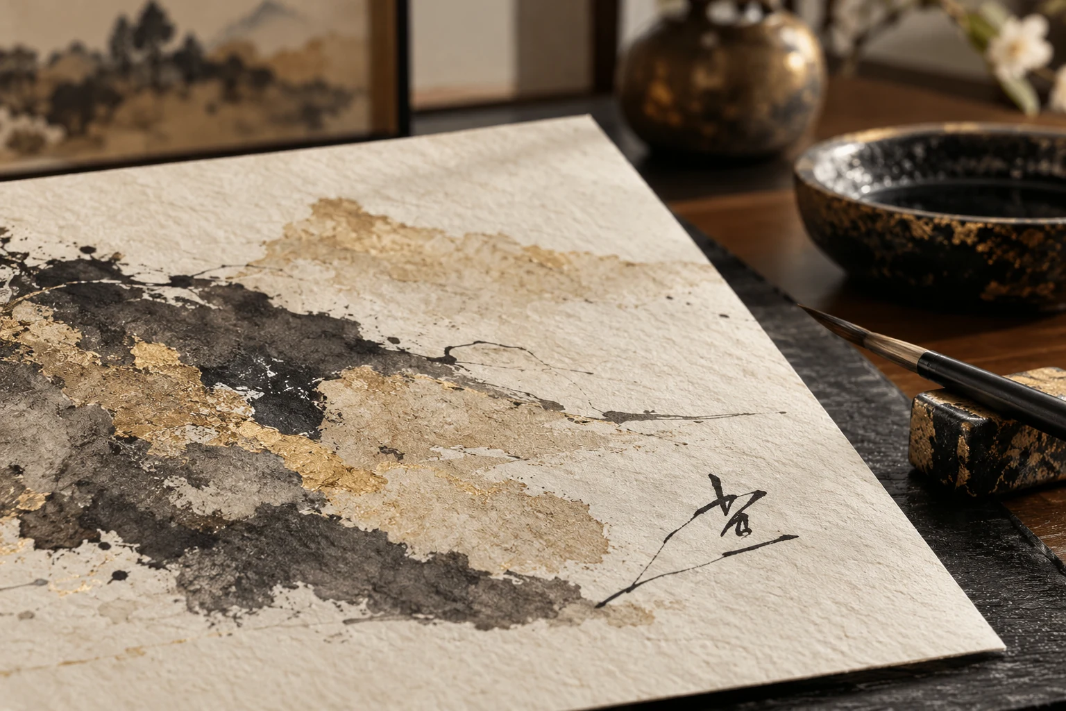 作品に花押を添えるイメージ